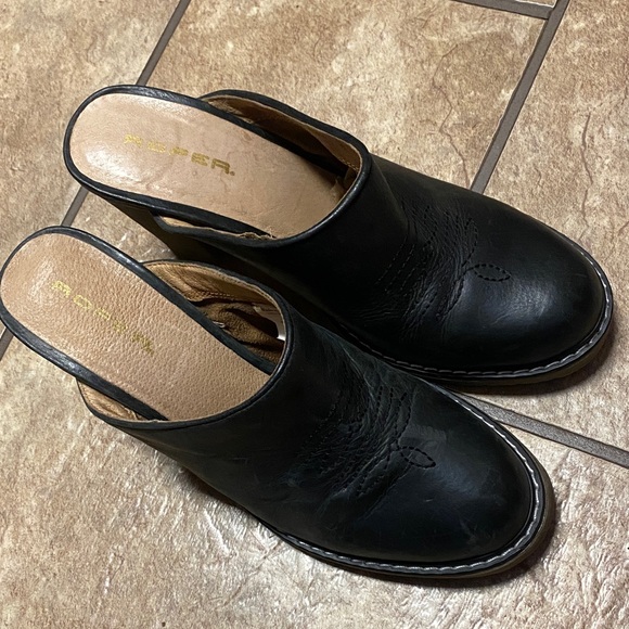 Roper Shoes - Roper Black Leather Slip-On Clog Mules 8 Western Vibes Cowgirl Office